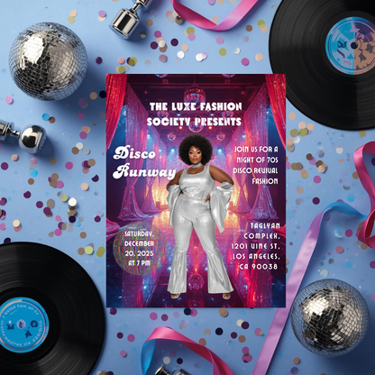 Disco Runway Flyer Canva Template | 70s Fashion Show Invitation | Retro Disco Party Flyer | Editable Event Flyer for Runway & Boutique Shows