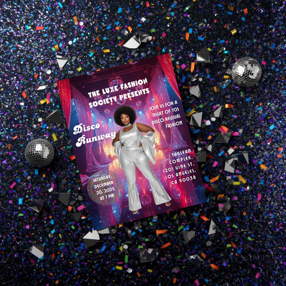 Disco Runway Flyer Canva Template | 70s Fashion Show Invitation | Retro Disco Party Flyer | Editable Event Flyer for Runway & Boutique Shows