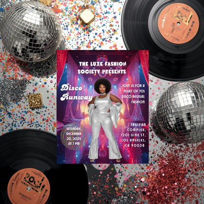 Disco Runway Flyer Canva Template | 70s Fashion Show Invitation | Retro Disco Party Flyer | Editable Event Flyer for Runway & Boutique Shows