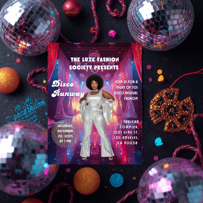 Disco Runway Flyer Canva Template | 70s Fashion Show Invitation | Retro Disco Party Flyer | Editable Event Flyer for Runway & Boutique Shows