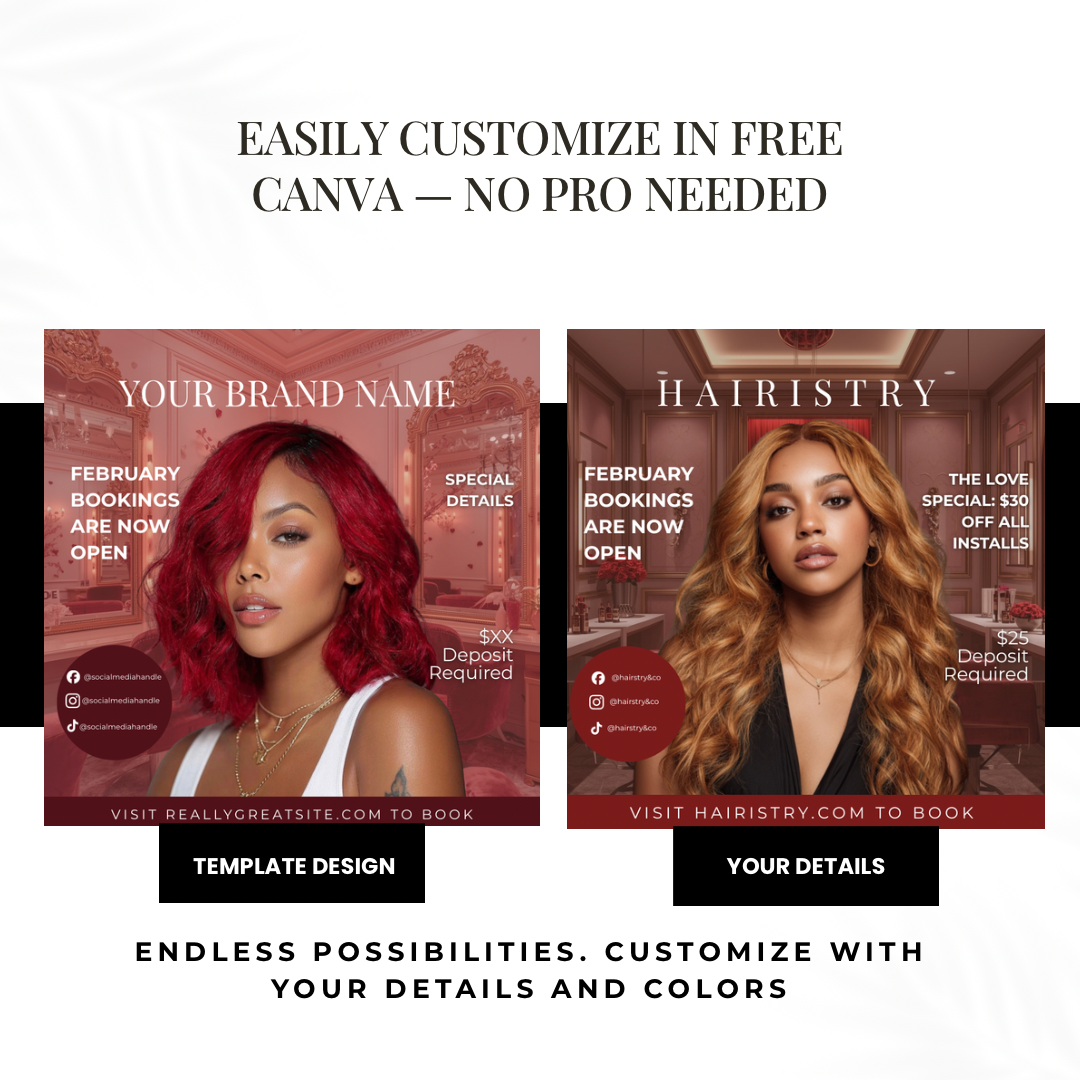 February Bookings Instagram Post | Valentine's Day Hair Stylist Flyer Template | Hair Salon Marketing | Editable Canva Template