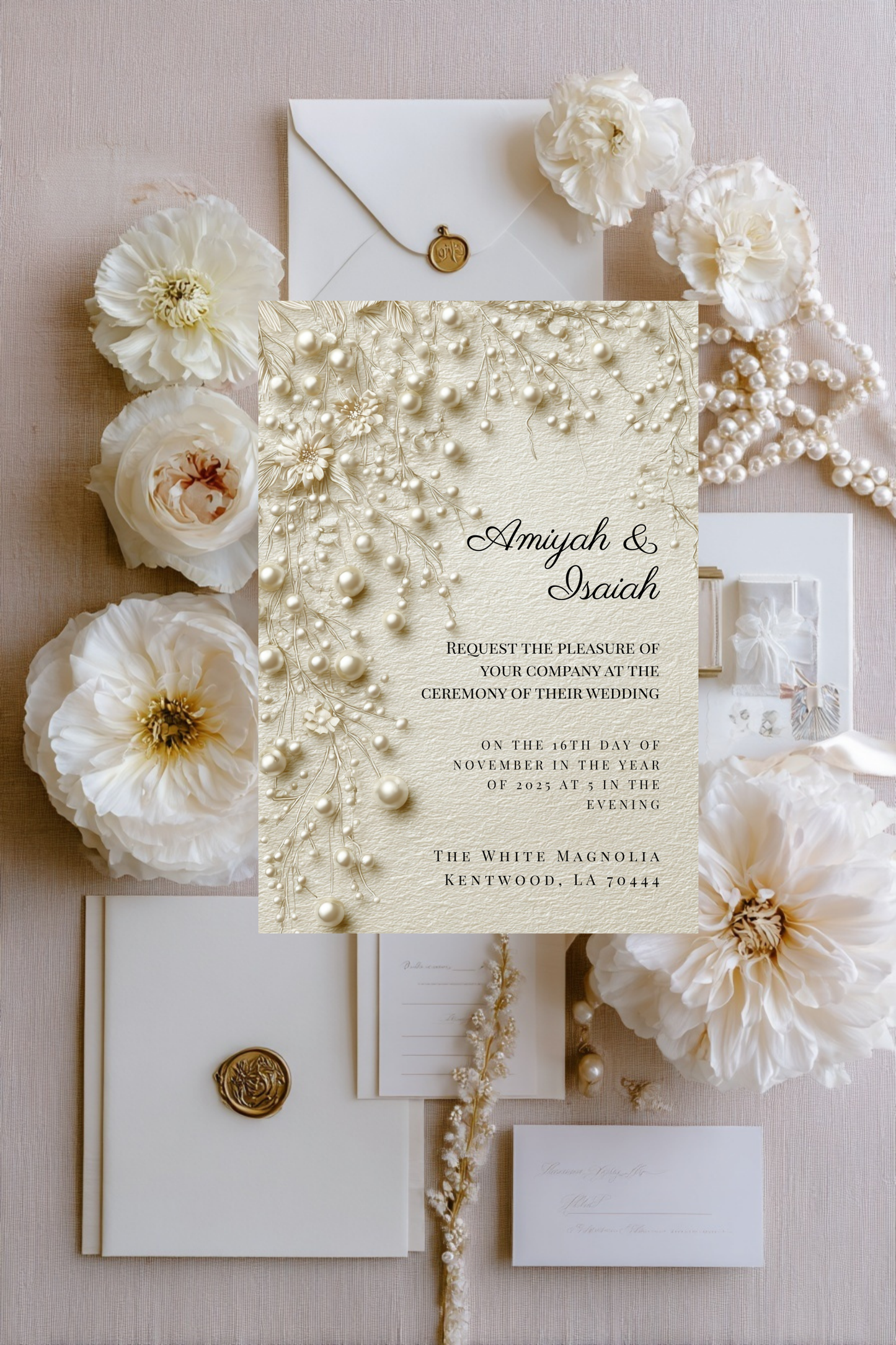 Pearl & Lace Wedding Invitation Template | Vintage Romantic Bridal Invite | Editable Canva Stationery