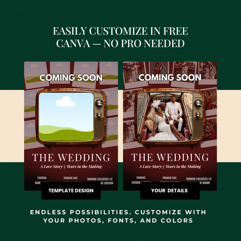 Save the Date Movie Poster Template | Cinematic Wedding Invite | Editable in Canva