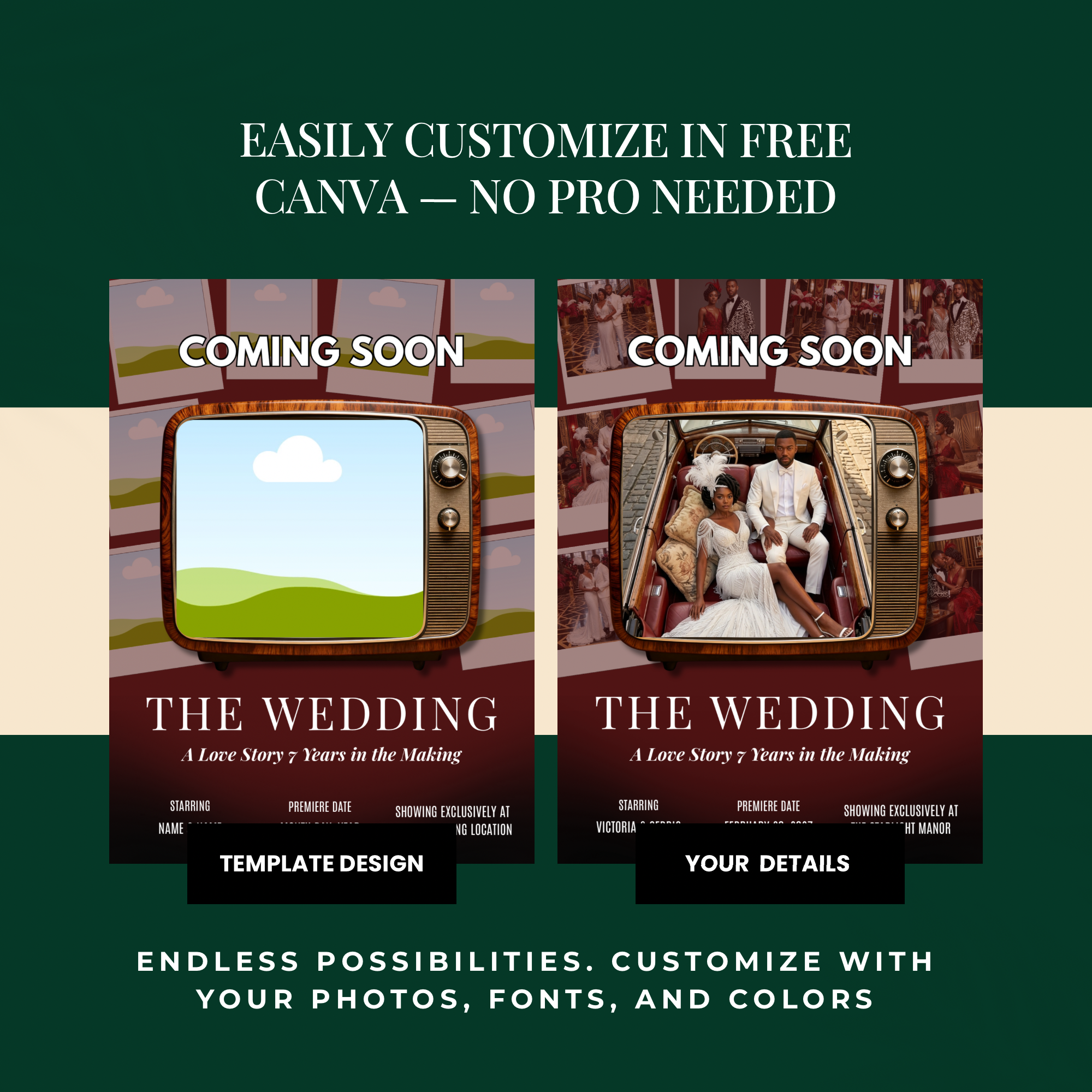 Save the Date Movie Poster Template | Cinematic Wedding Invite | Editable in Canva