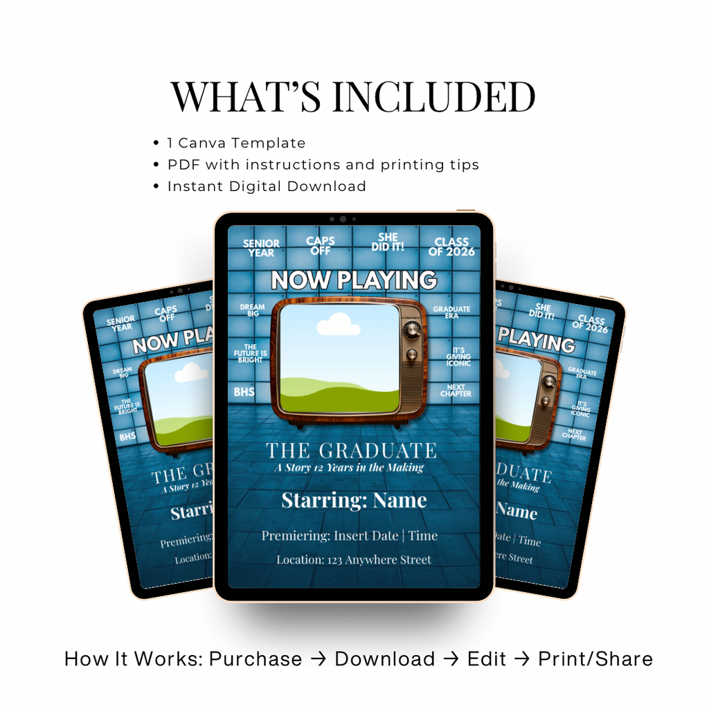 Now Playing Graduation Invitation | Movie Style Senior Announcement | Cinematic Class of 2026 Flyer | Editable Grad Party Template