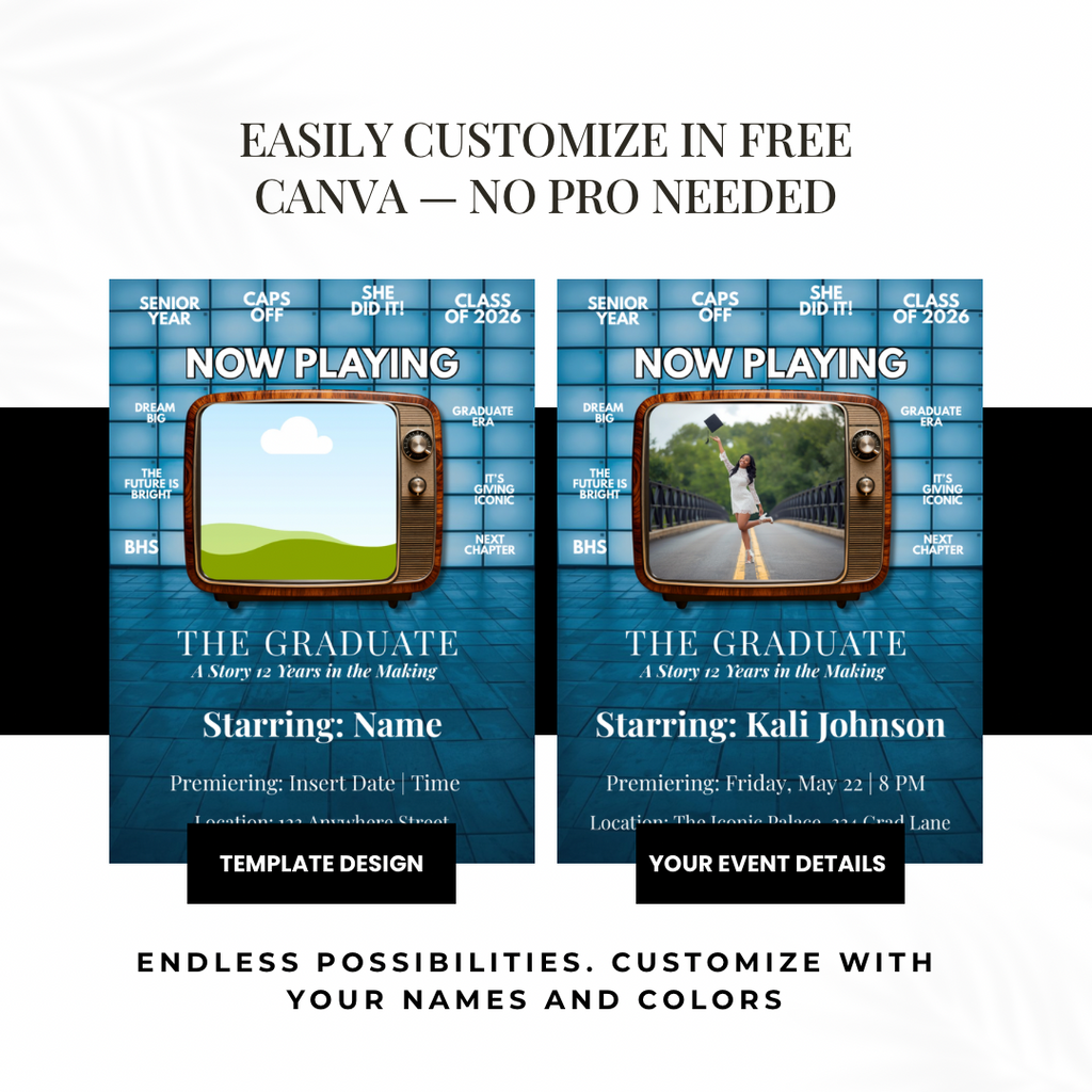 Now Playing Graduation Invitation | Movie Style Senior Announcement | Cinematic Class of 2026 Flyer | Editable Grad Party Template