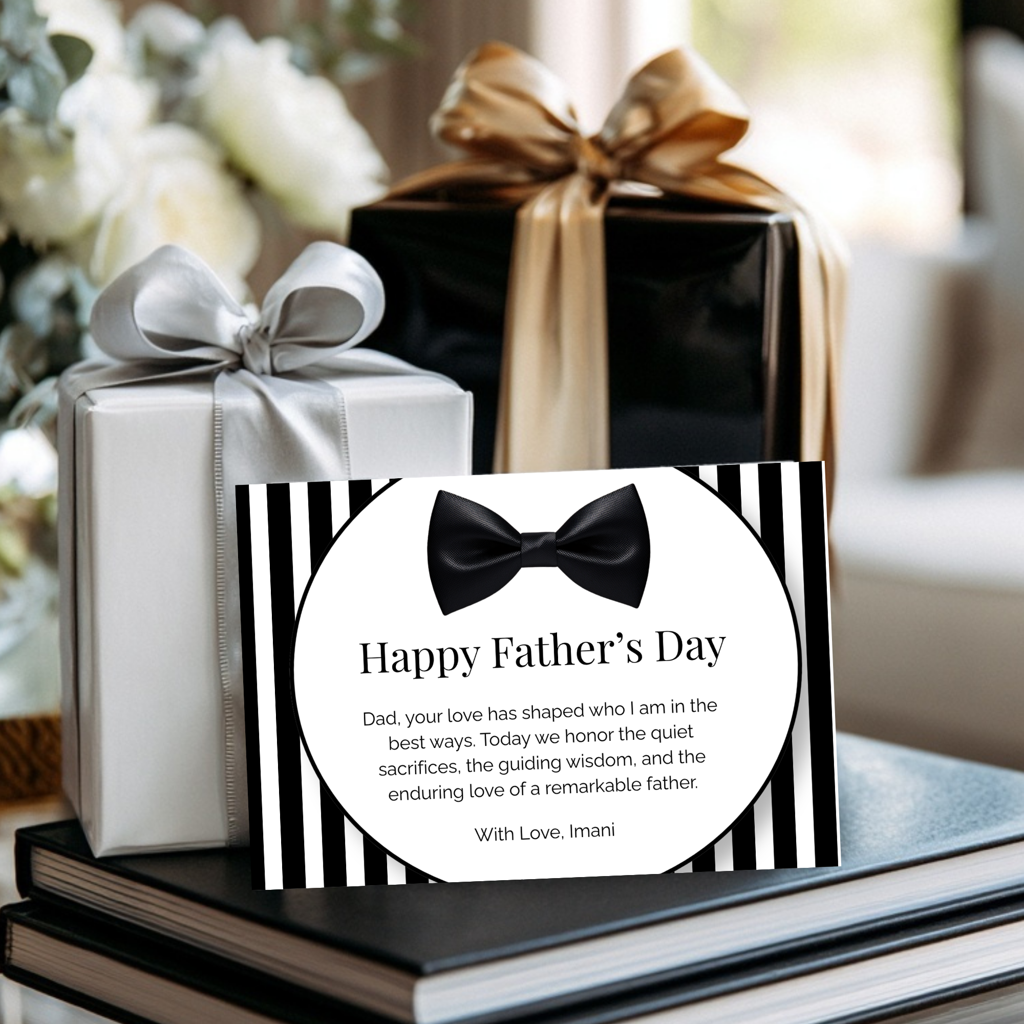 Luxe Father’s Day Card with Bow Tie Design | Editable in Canva | Formal Black and White | Printable Template | Instant Download