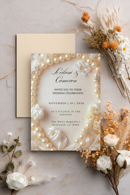 Elegant Pearl Wedding Invitation Template: Ivory Roses (Digital Download)