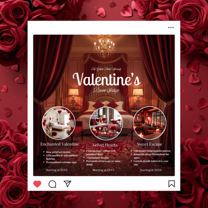 Valentine’s Room Setup Flyer | Velvet Luxe Room Decor Price List |Editable Canva Template for Service Packages