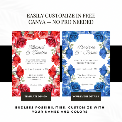 Red Rose Wedding Invitation Template | Romantic Floral Wedding Invitation | Editable Canva Wedding Invitations | Printable Invite Set