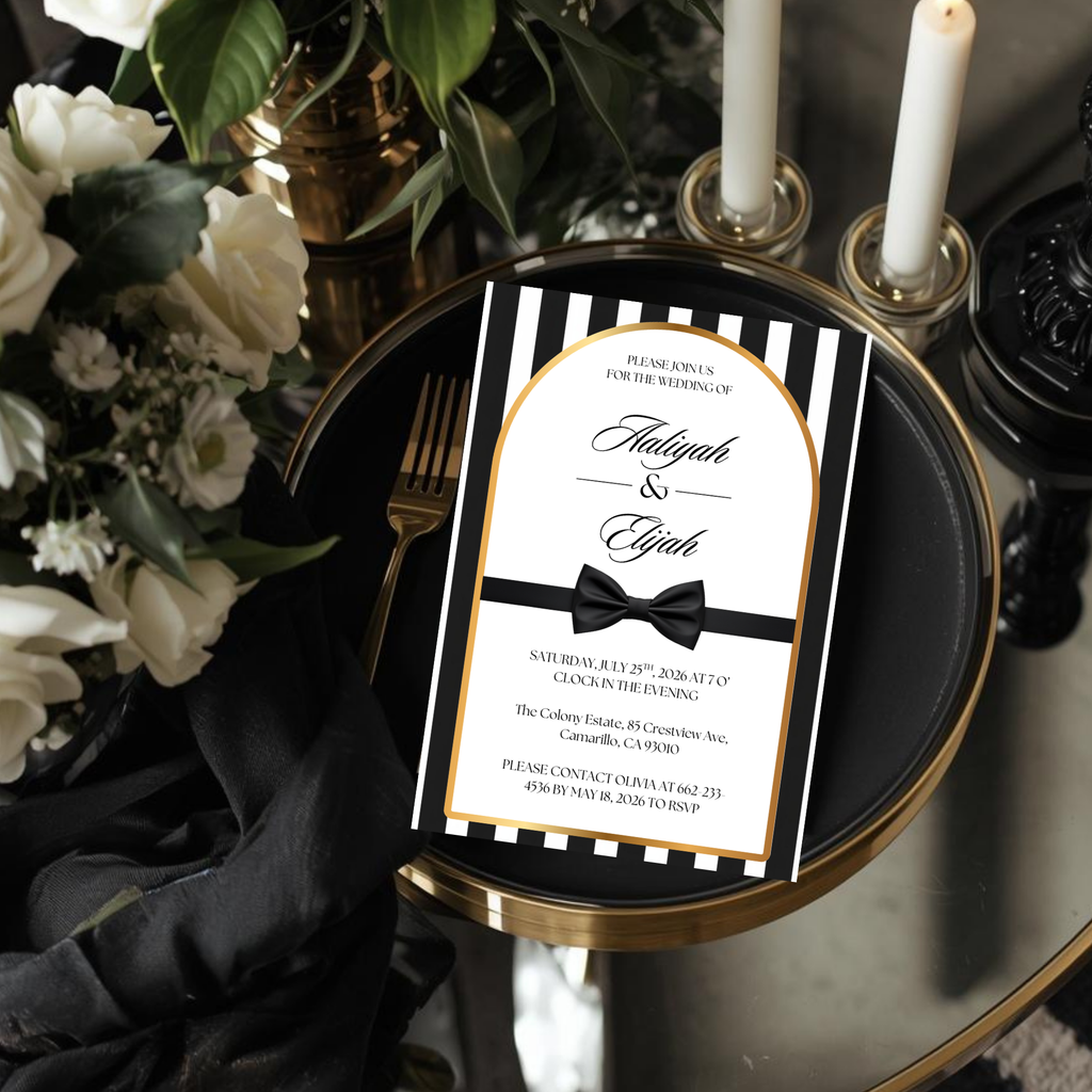 Black Tie Wedding Invitation | Editable Canva Template | Striped black and white