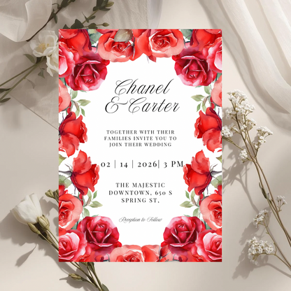 Red Rose Wedding Invitation Template | Romantic Floral Wedding Invitation | Editable Canva Wedding Invitations | Printable Invite Set