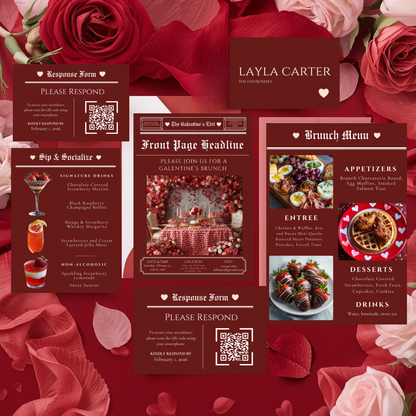 Galentine’s Brunch Event Suite Template | Luxury Editorial Newspaper Style Invitation, RSVP, Menu & Bar Menu | Canva