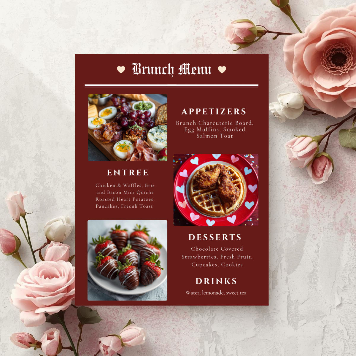 Galentine’s Brunch Menu Template | Luxury Editorial Newspaper Style Menu | Valentine Brunch, Bridal Shower | Canva