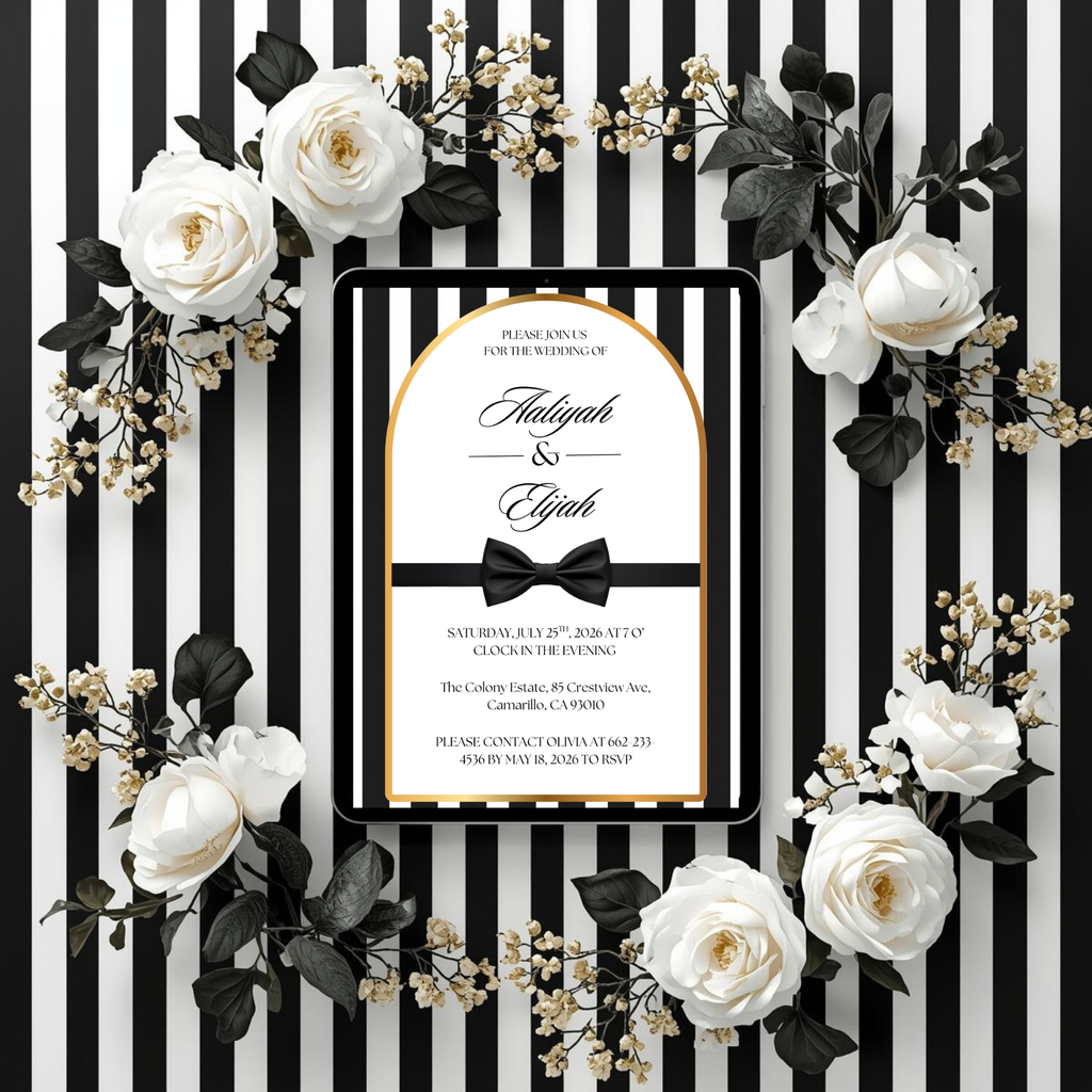 Black Tie Wedding Invitation | Editable Canva Template | Striped black and white