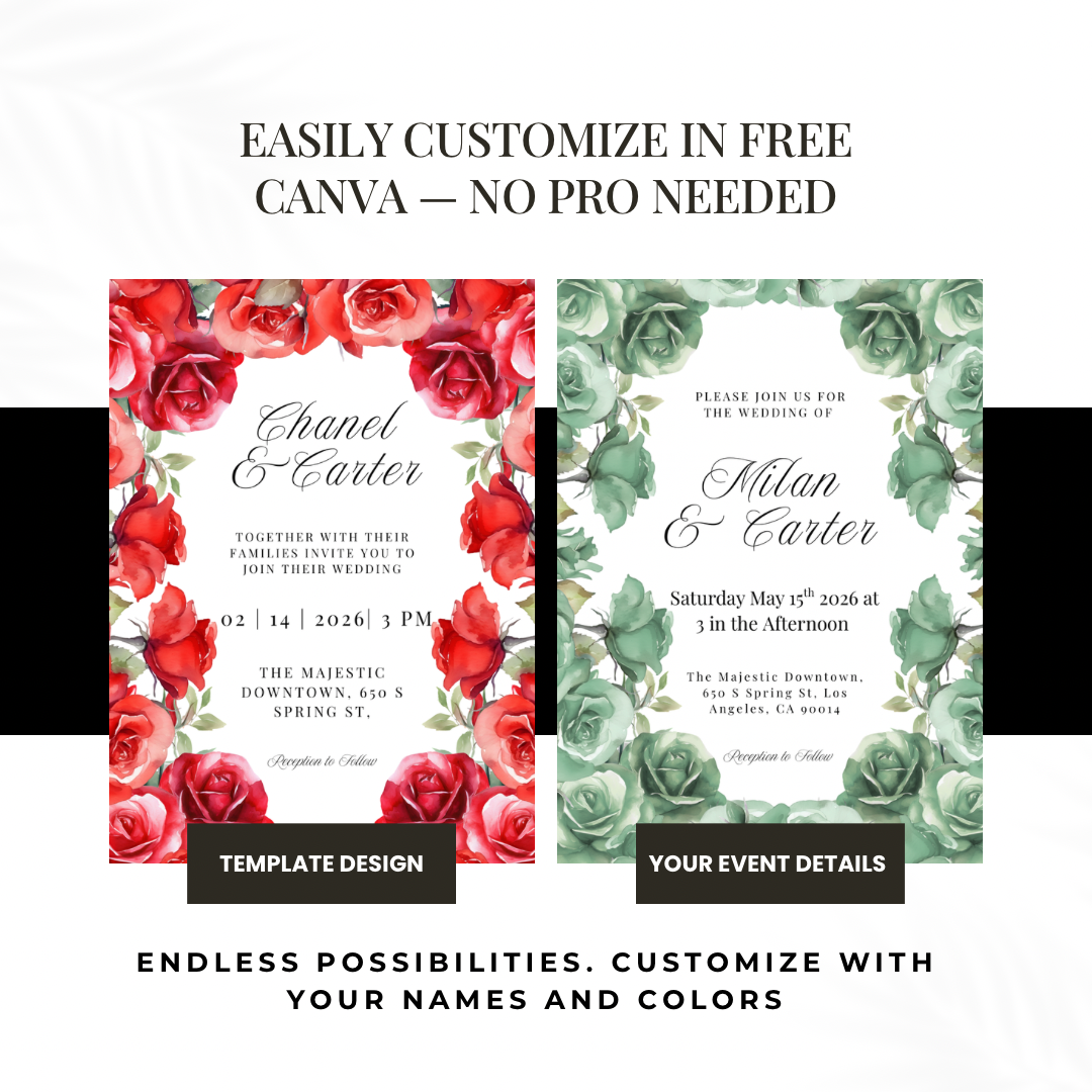 Red Rose Wedding Invitation Template | Romantic Floral Wedding Invitation | Editable Canva Wedding Invitations | Printable Invite Set