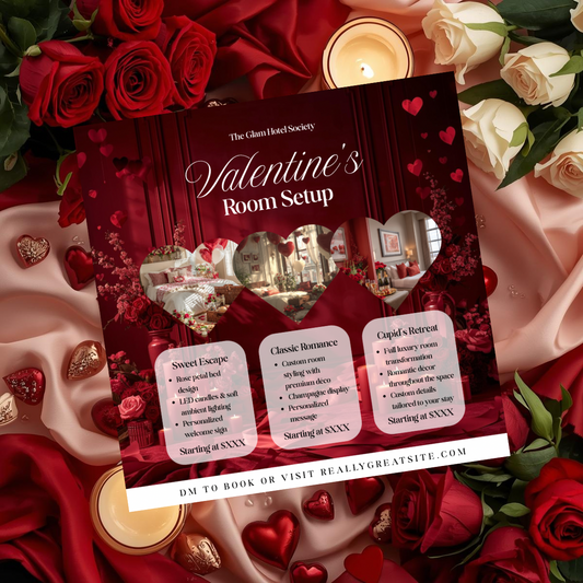 Valentine’s Room Setup Canva Template | Cupid’s Retreat Luxury Hotel Decor Flyer | Valentine’s Day Room Styling Promo | Editable Design