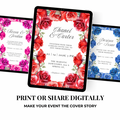 Red Rose Wedding Invitation Template | Romantic Floral Wedding Invitation | Editable Canva Wedding Invitations | Printable Invite Set