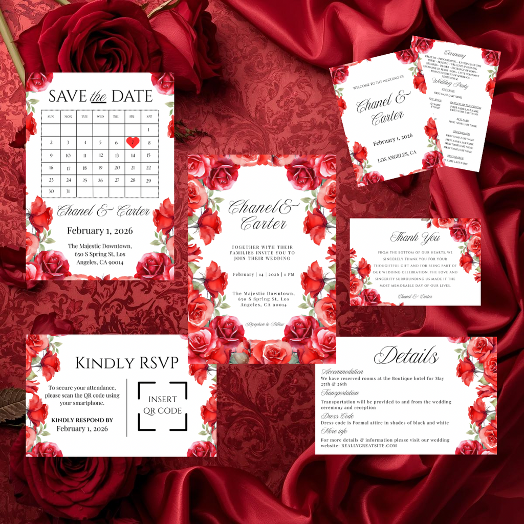 Red Rose Wedding Invitation Suite Template | Romantic Floral Wedding Suite | Editable Canva Wedding Invitations | Printable Invite Set