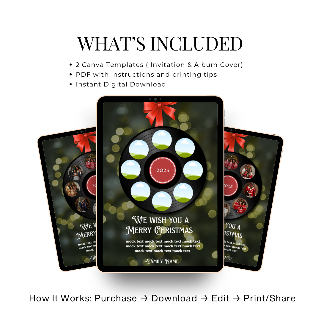 Holiday Vinyl Record Christmas Card | Editable Canva Template