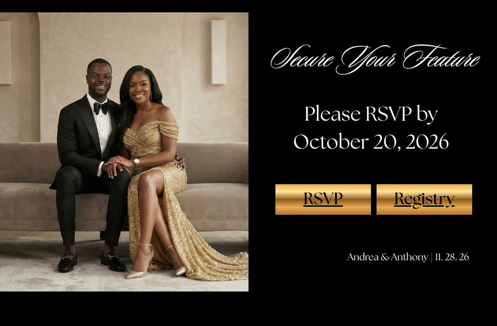 Black and gold RSVP page with couple photo, RSVP and Registry buttons