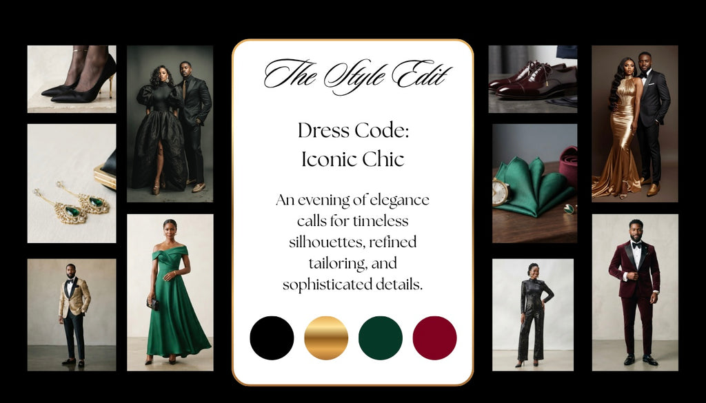 Black and gold wedding website template card with Dress Code and color swatches