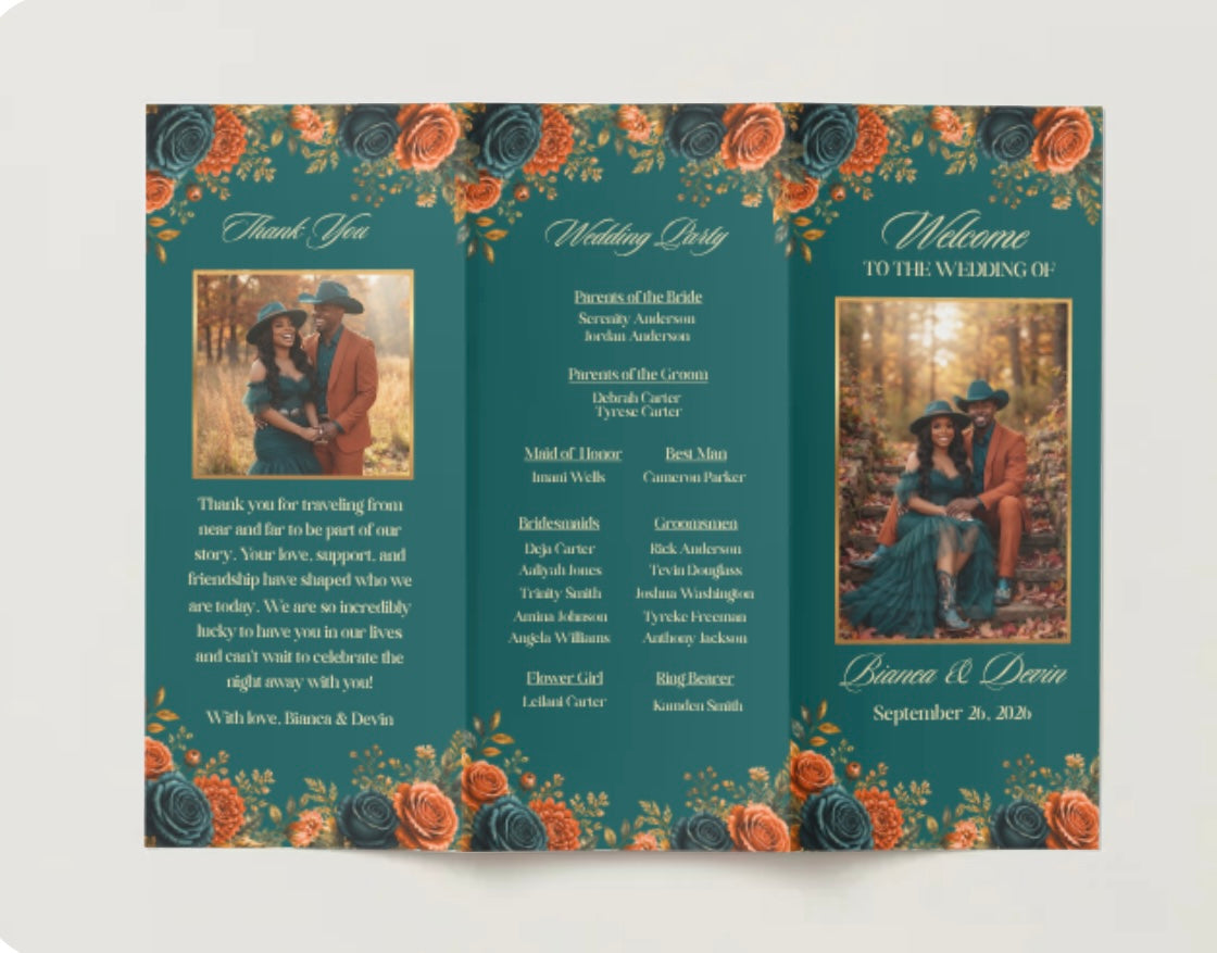Editorial Burnt Orange & Teal Trifold Wedding Program Template