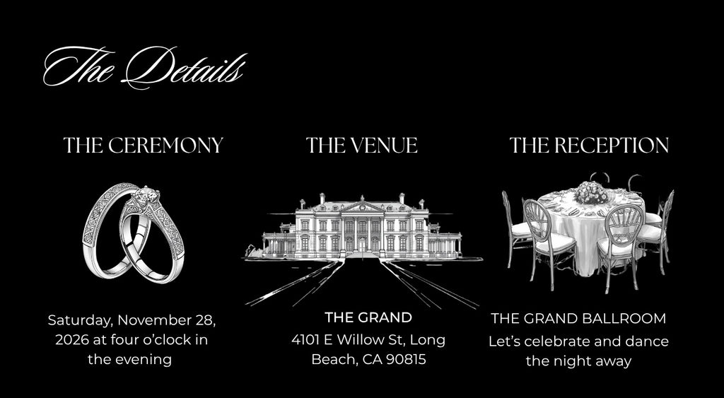 Black wedding details page with ring, venue, and reception sections and date