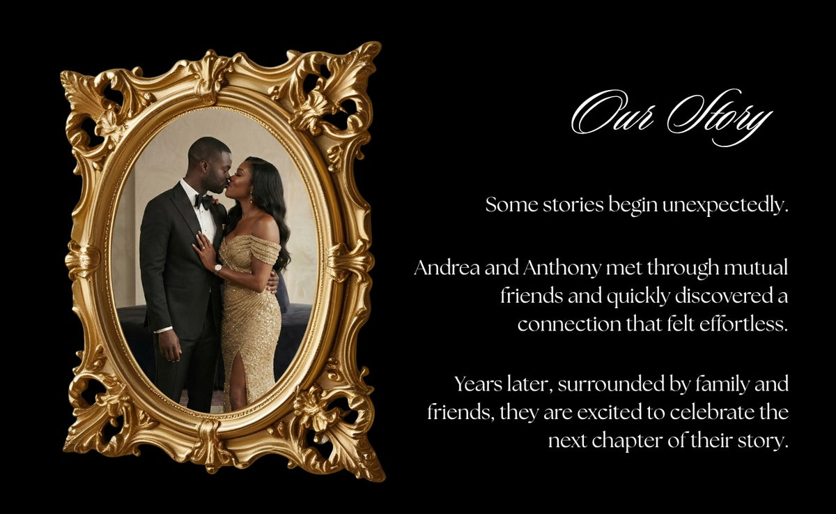 Black and gold wedding story page with ornate frame photo and Our Story text