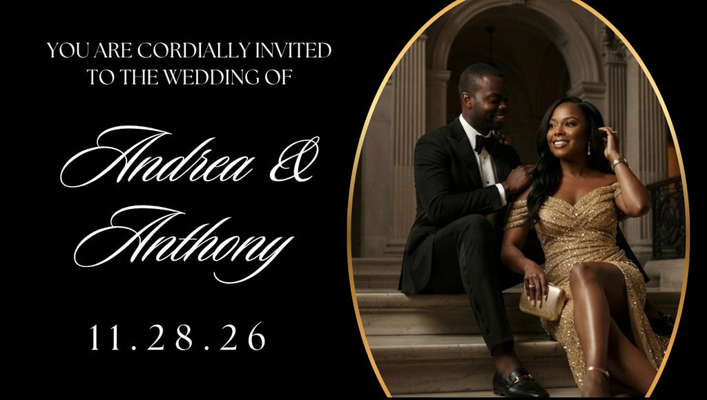 Black and gold wedding invite page with photo oval and names Andrea & Anthony
