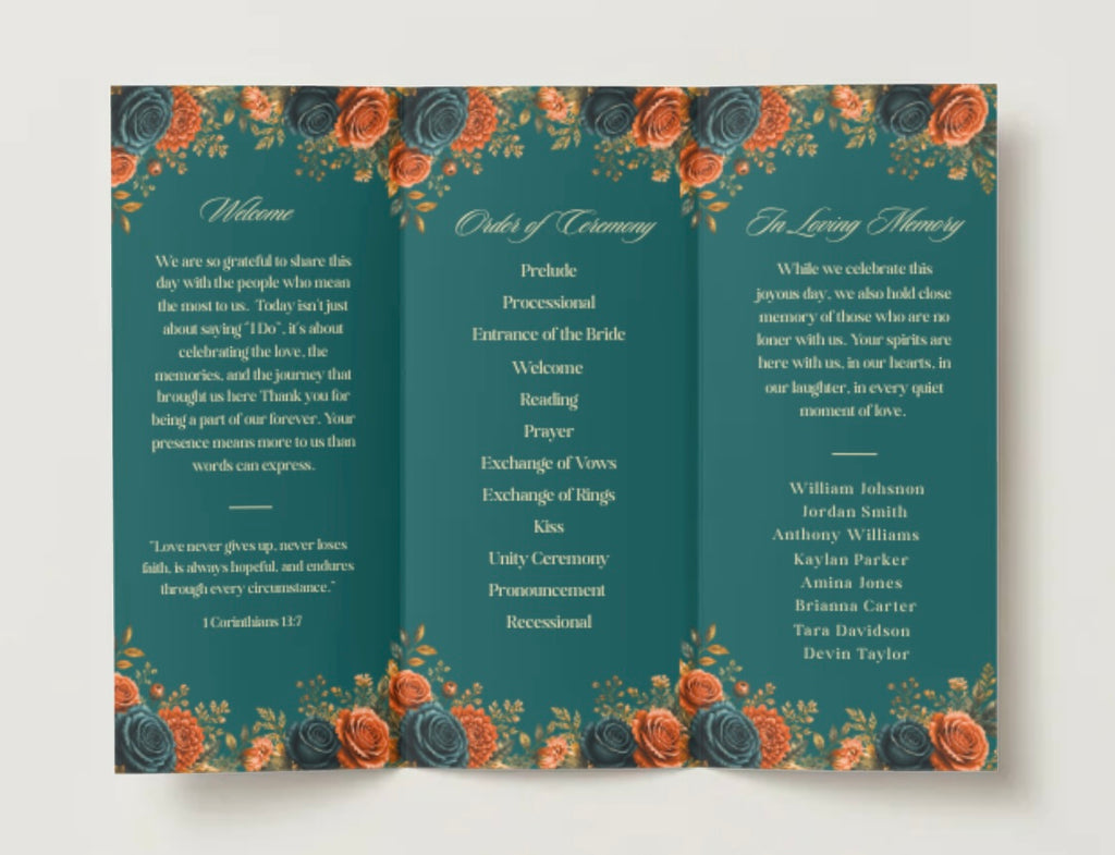 Editorial Burnt Orange & Teal Trifold Wedding Program Template