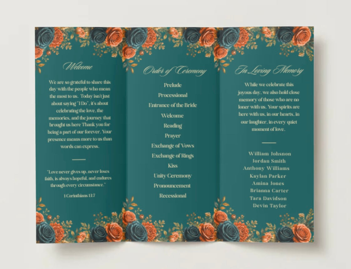 Editorial Burnt Orange & Teal Trifold Wedding Program Template