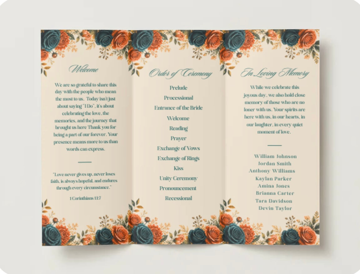Fall Floral Trifold Wedding Program | Editable Canva Template | Wedding Ceremony Program | Printable Wedding Program