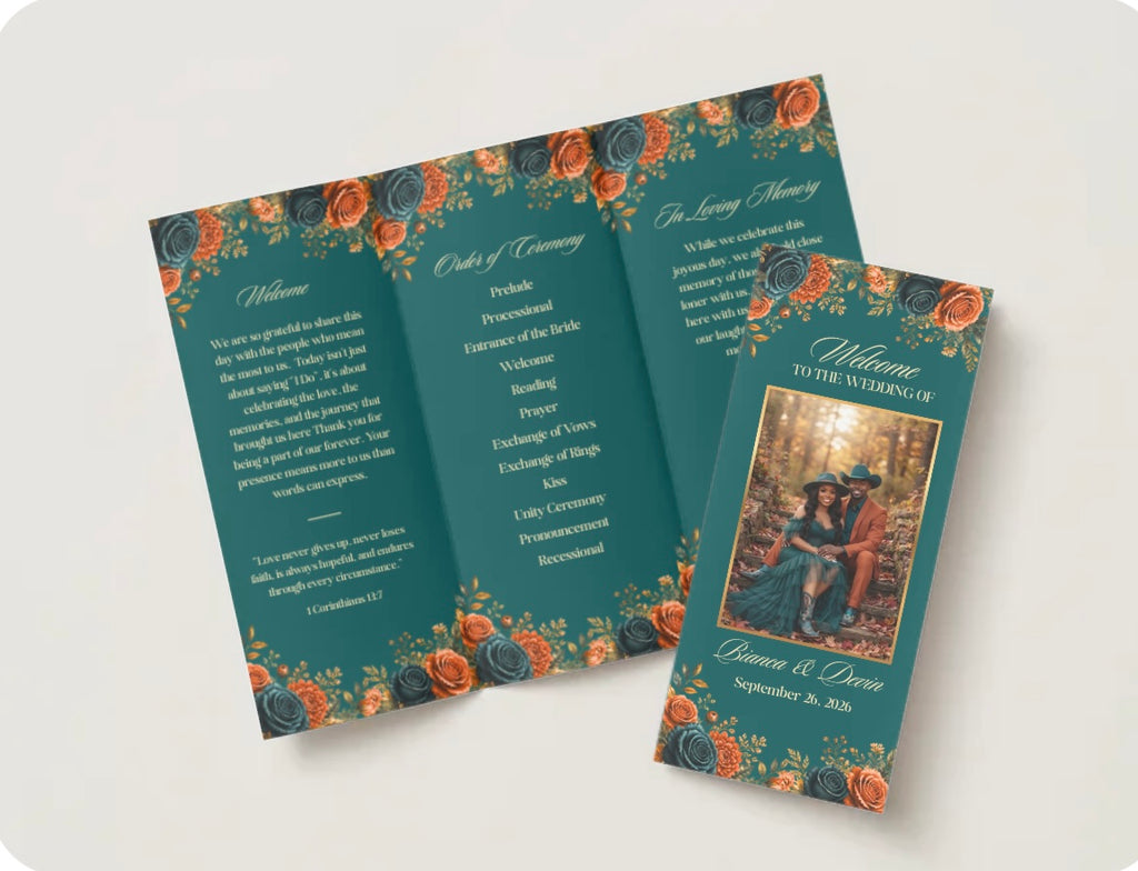 Editorial Burnt Orange & Teal Trifold Wedding Program Template