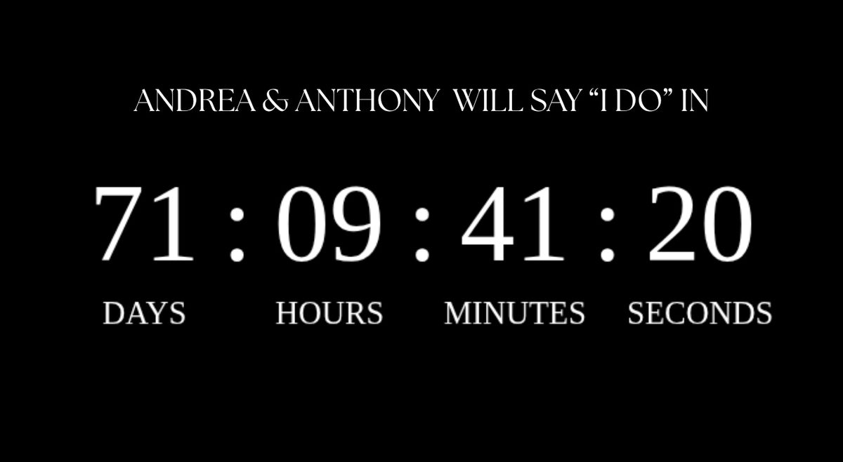 Wedding countdown screen with 71:09:41:20 and days, hours, minutes, seconds labels