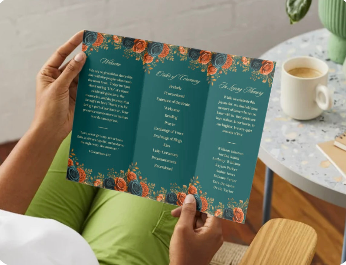 Editorial Burnt Orange & Teal Trifold Wedding Program Template