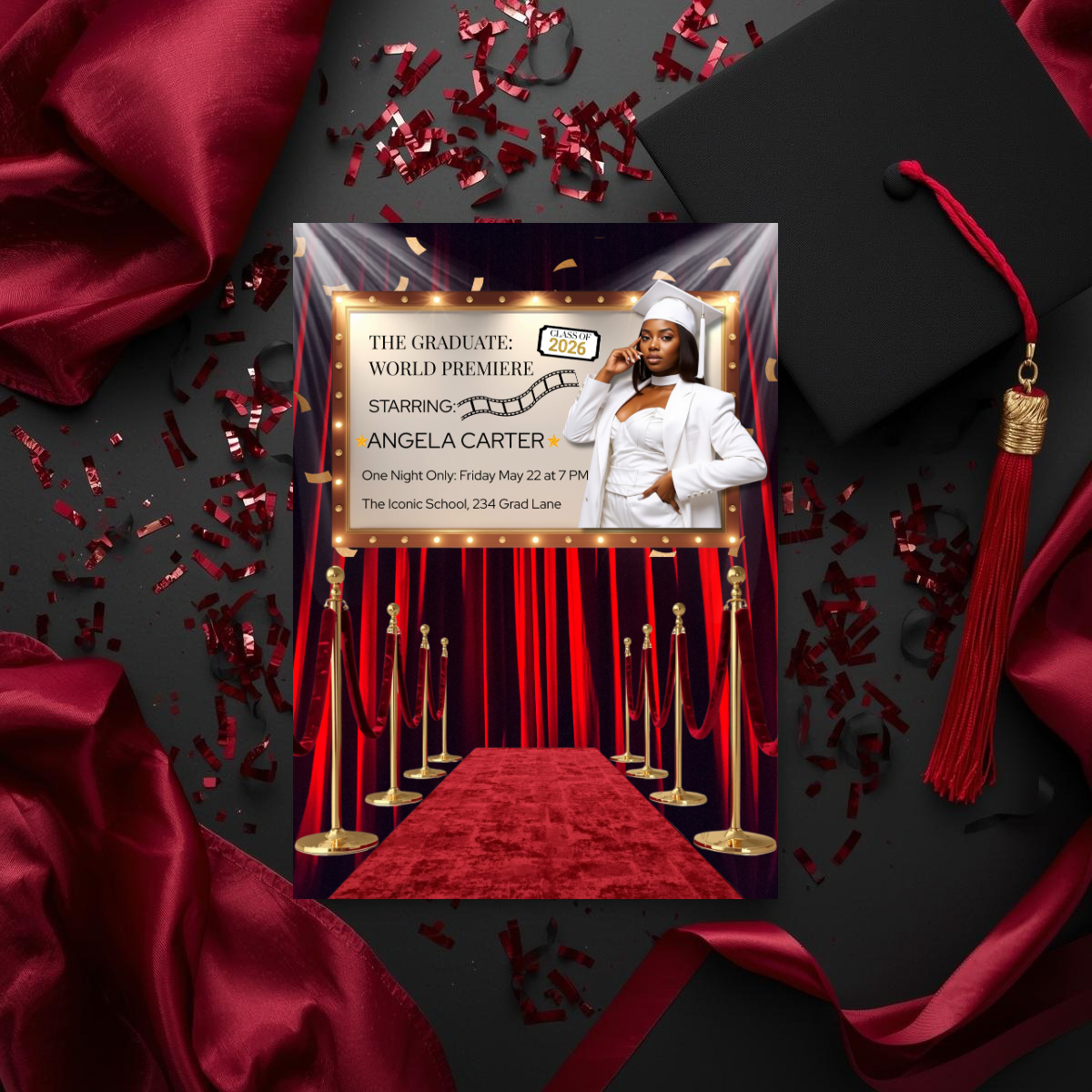 🎬 Red Carpet Premiere Graduation Invitation Template
