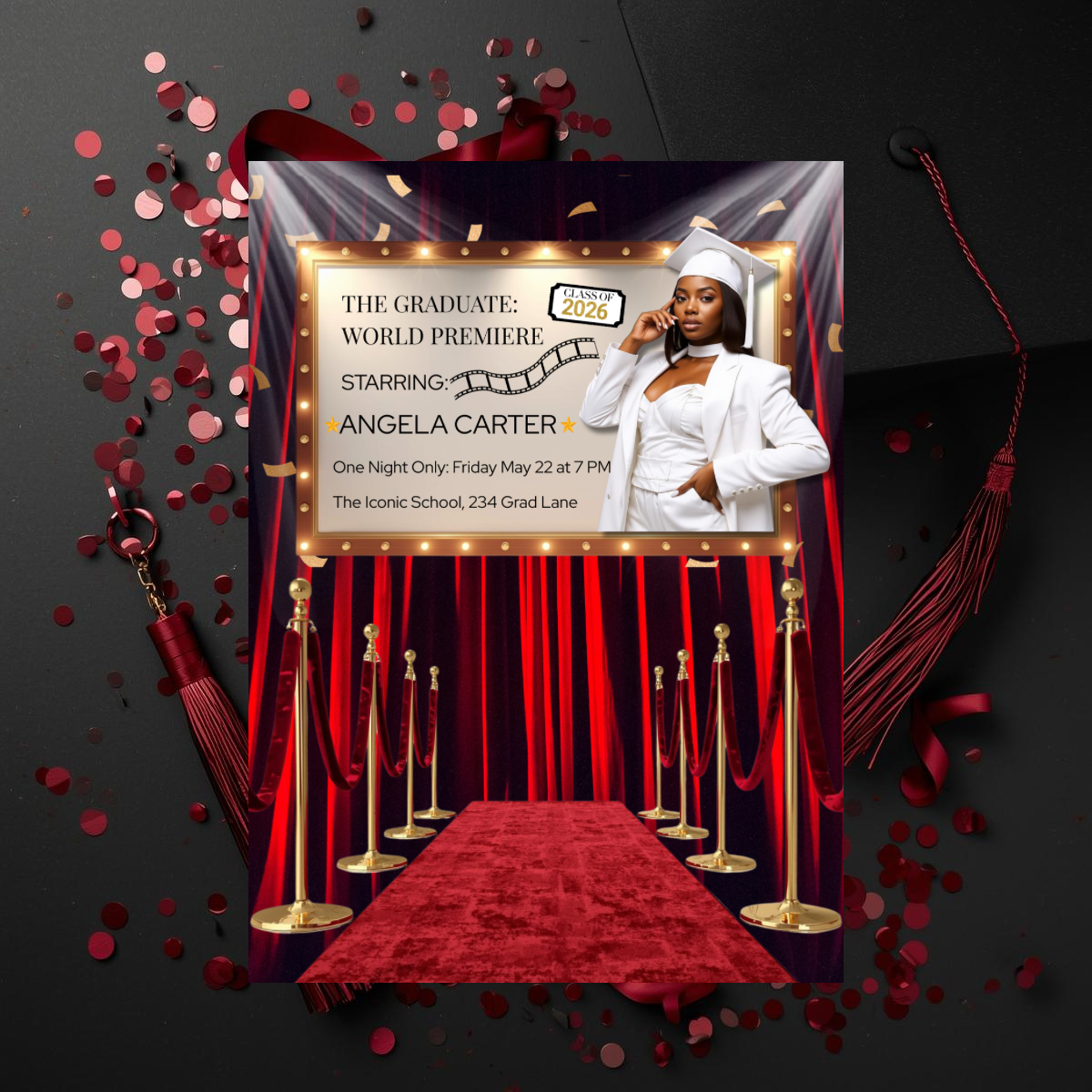 World Premiere Graduation Invitation | Semi-Custom Cinematic Movie Poster Grad Flyer | Class of 2026 Editable Template | Red Carpet Senior Invite