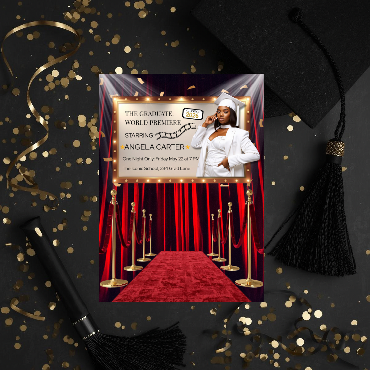 World Premiere Graduation Invitation | Semi-Custom Cinematic Movie Poster Grad Flyer | Class of 2026 Editable Template | Red Carpet Senior Invite