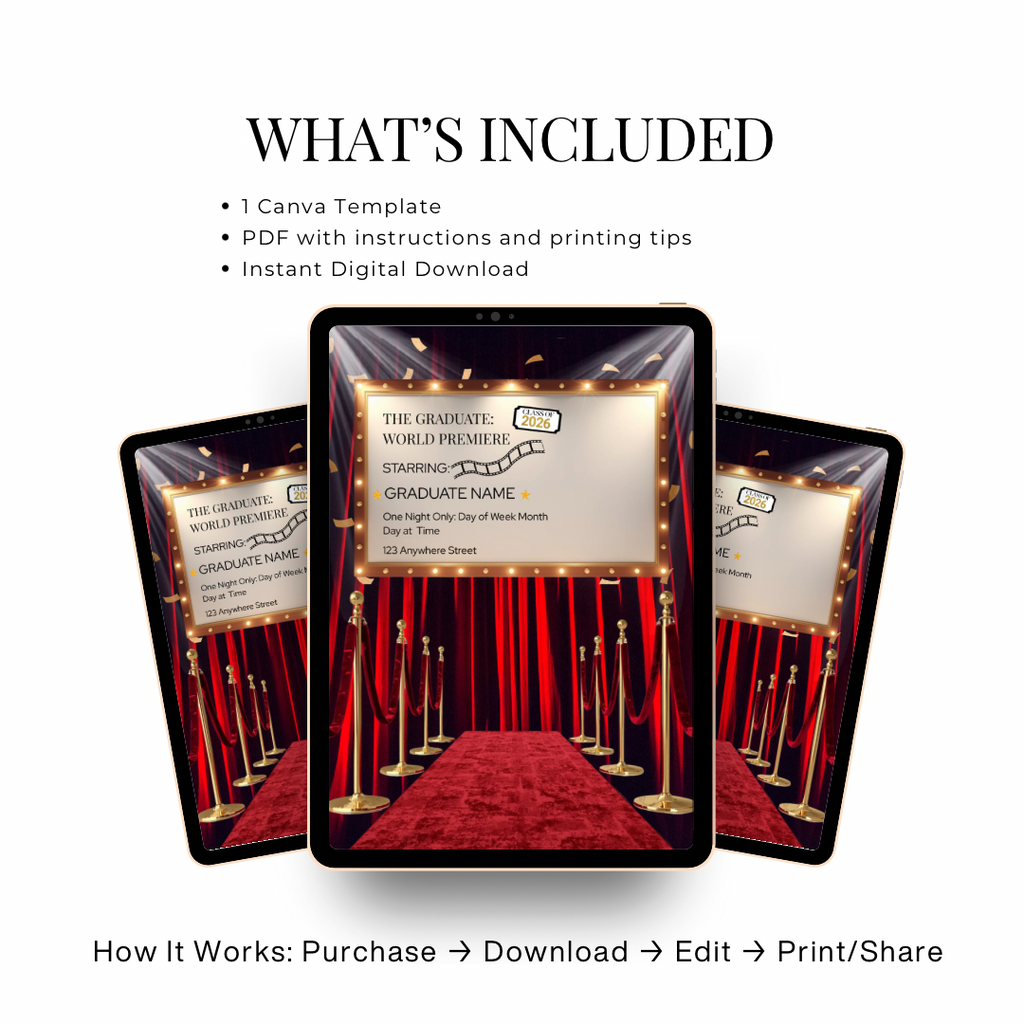 World Premiere Graduation Invitation | Semi-Custom Cinematic Movie Poster Grad Flyer | Class of 2026 Editable Template | Red Carpet Senior Invite