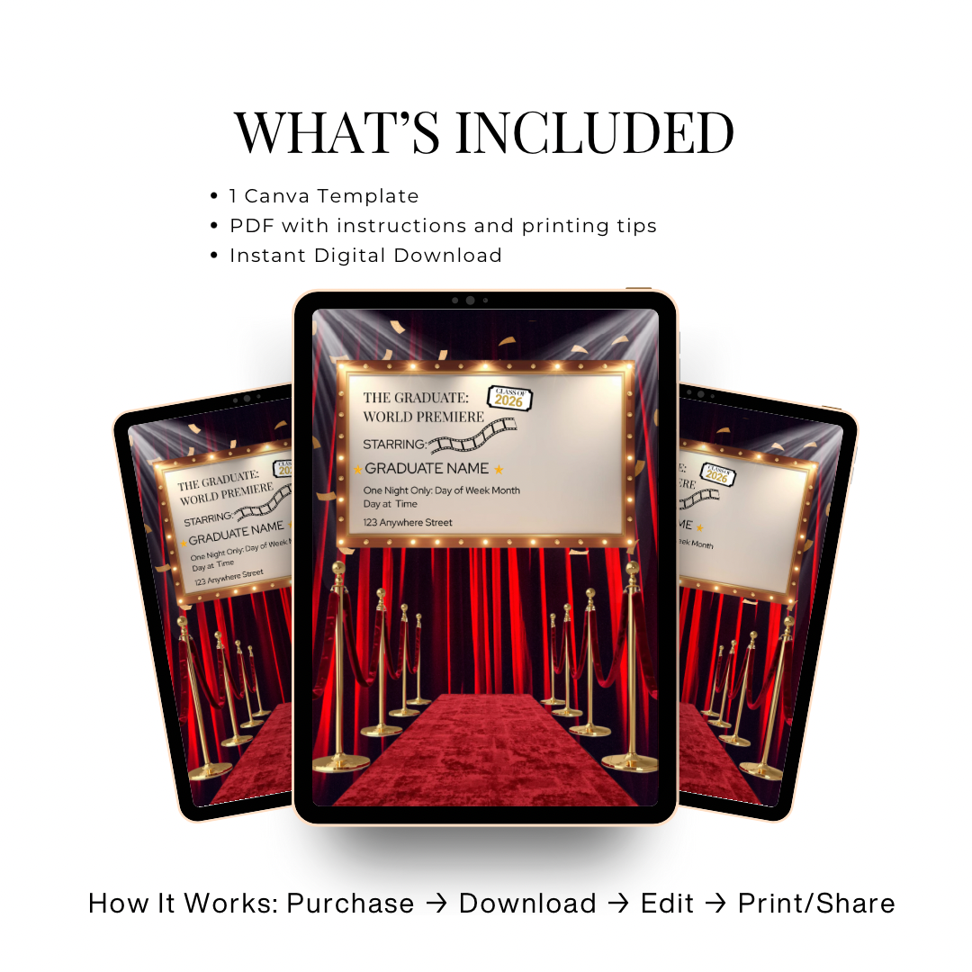 World Premiere Graduation Invitation | Semi-Custom Cinematic Movie Poster Grad Flyer | Class of 2026 Editable Template | Red Carpet Senior Invite