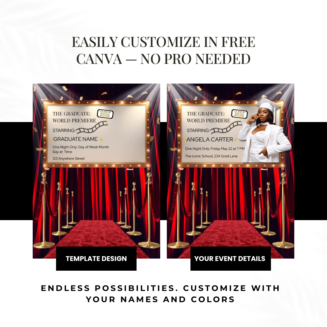 World Premiere Graduation Invitation | Semi-Custom Cinematic Movie Poster Grad Flyer | Class of 2026 Editable Template | Red Carpet Senior Invite