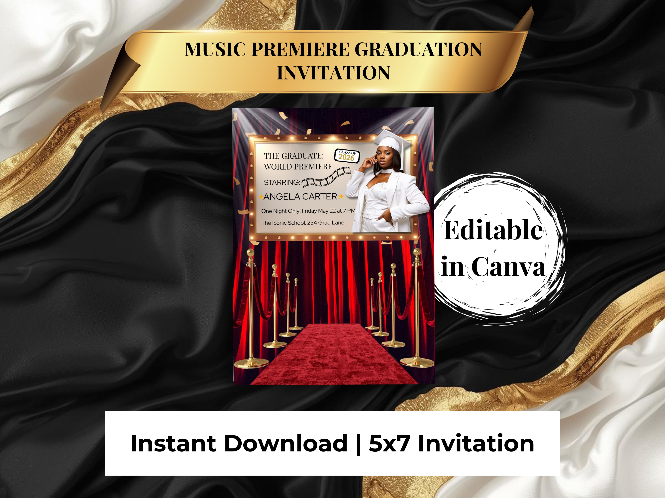 World Premiere Graduation Invitation | Semi-Custom Cinematic Movie Poster Grad Flyer | Class of 2026 Editable Template | Red Carpet Senior Invite
