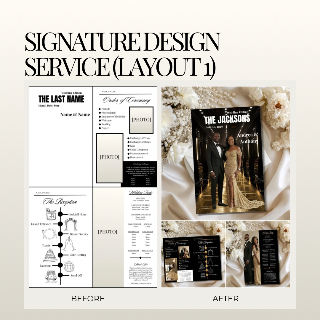 Wedding magazine design service, Layout 1 preview: before/after wedding pages with text blocks
