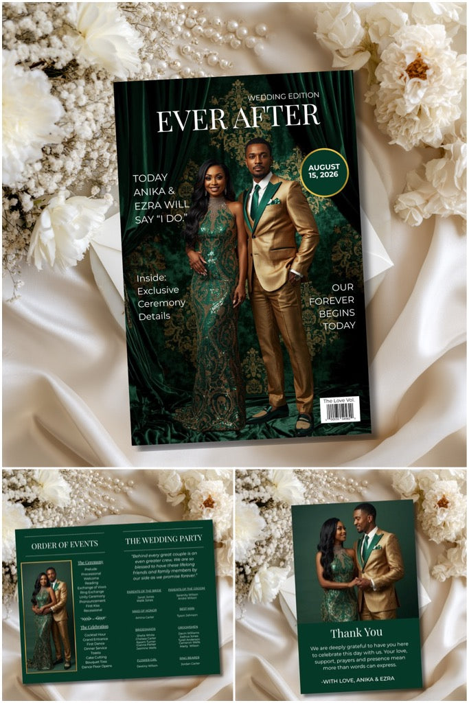 Wedding program set showing cover and two inside pages arranged in a collage