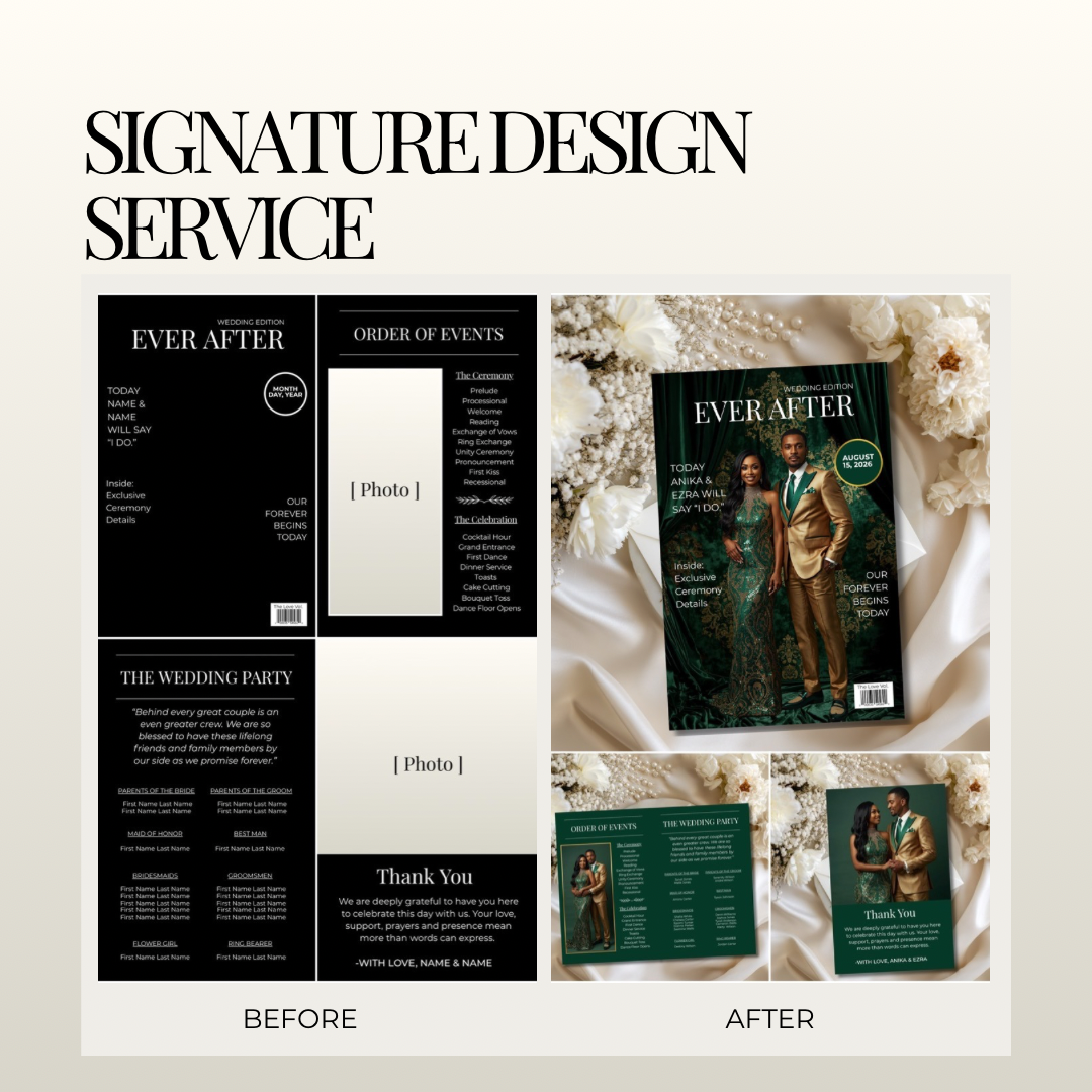 Signature design service layout with “Before” and “After” magazine program previews