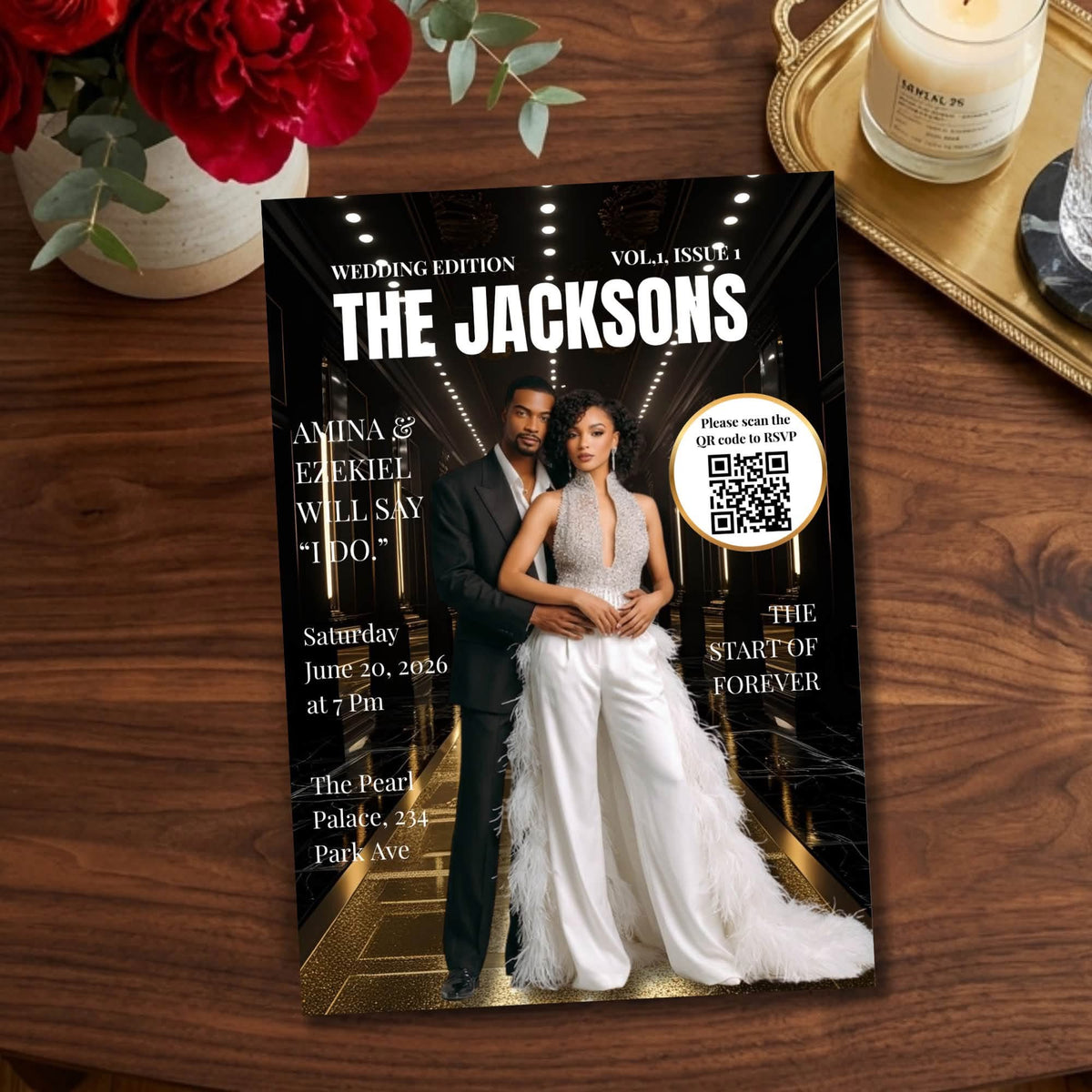 Black magazine-style wedding invitation with couple in white, gold text, QR code