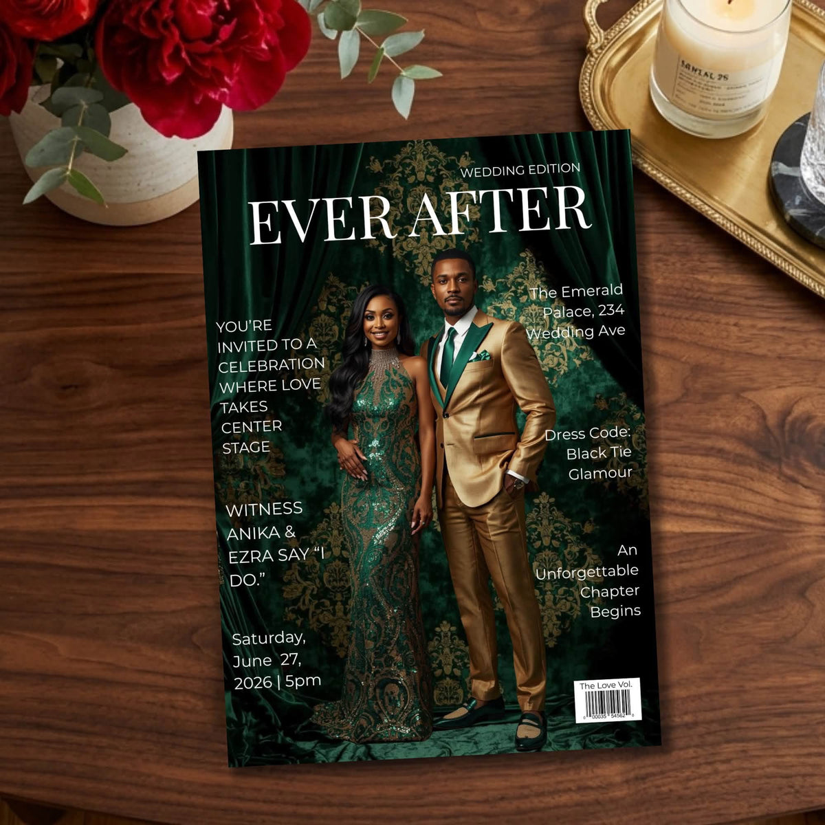 Green magazine-style wedding invitation with couple in formal wear and gold accents
