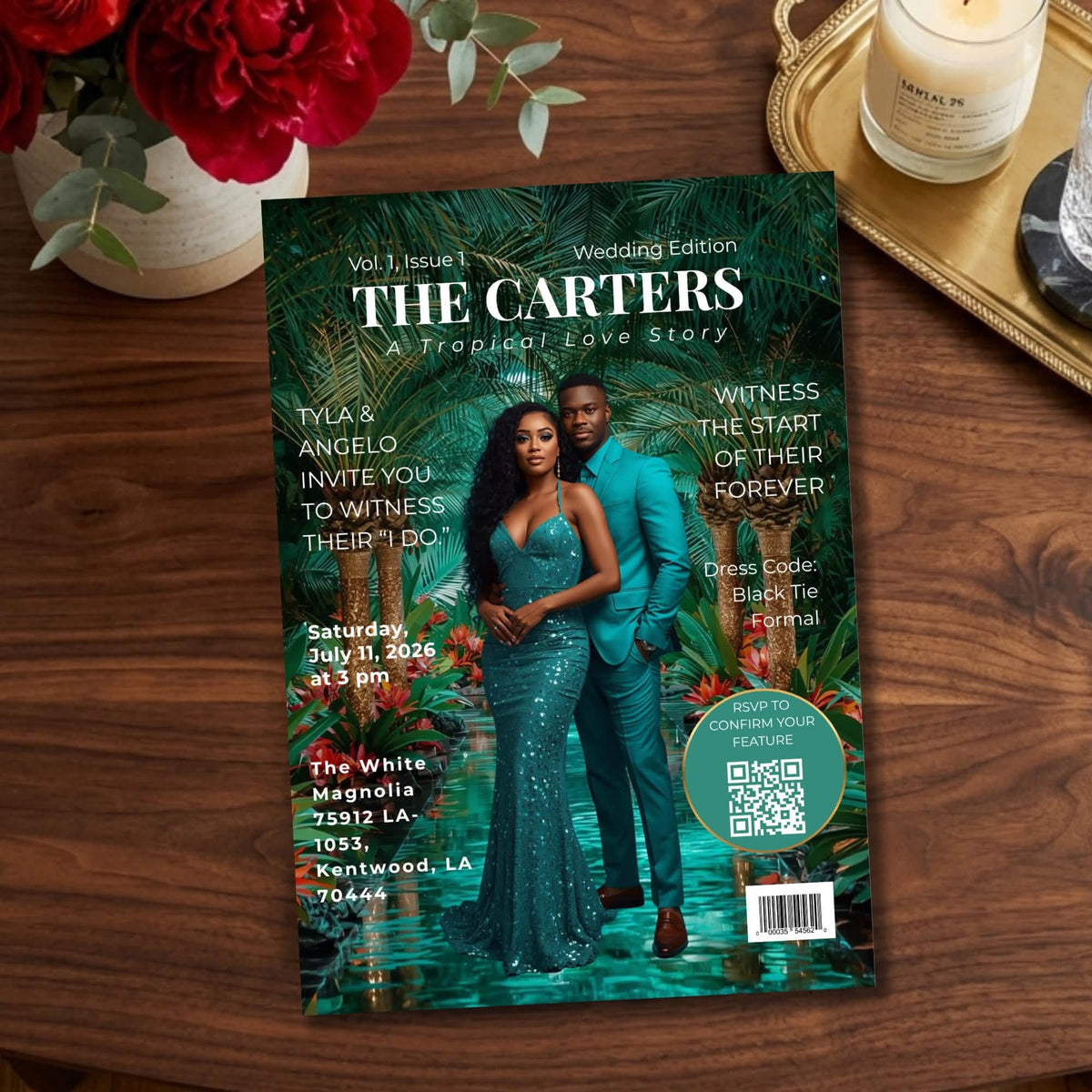 Green magazine-style wedding invitation with couple in teal outfits and QR code