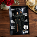 Black magazine-style wedding invitation with couple in black attire and QR code